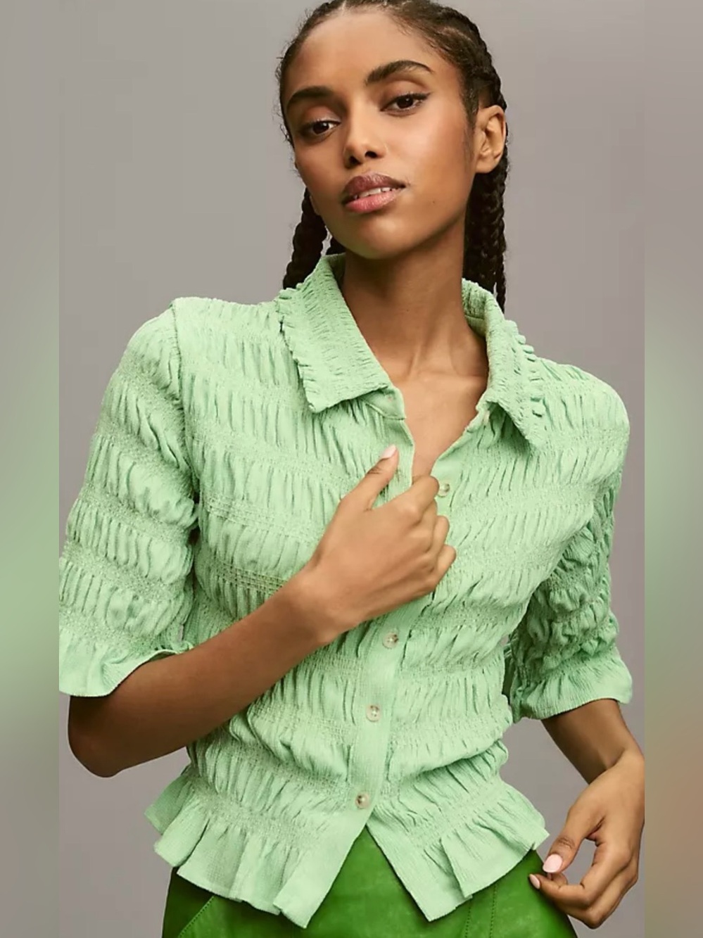 MAEVE mint green stretchy button up blouse size medium runs small a bit cropped